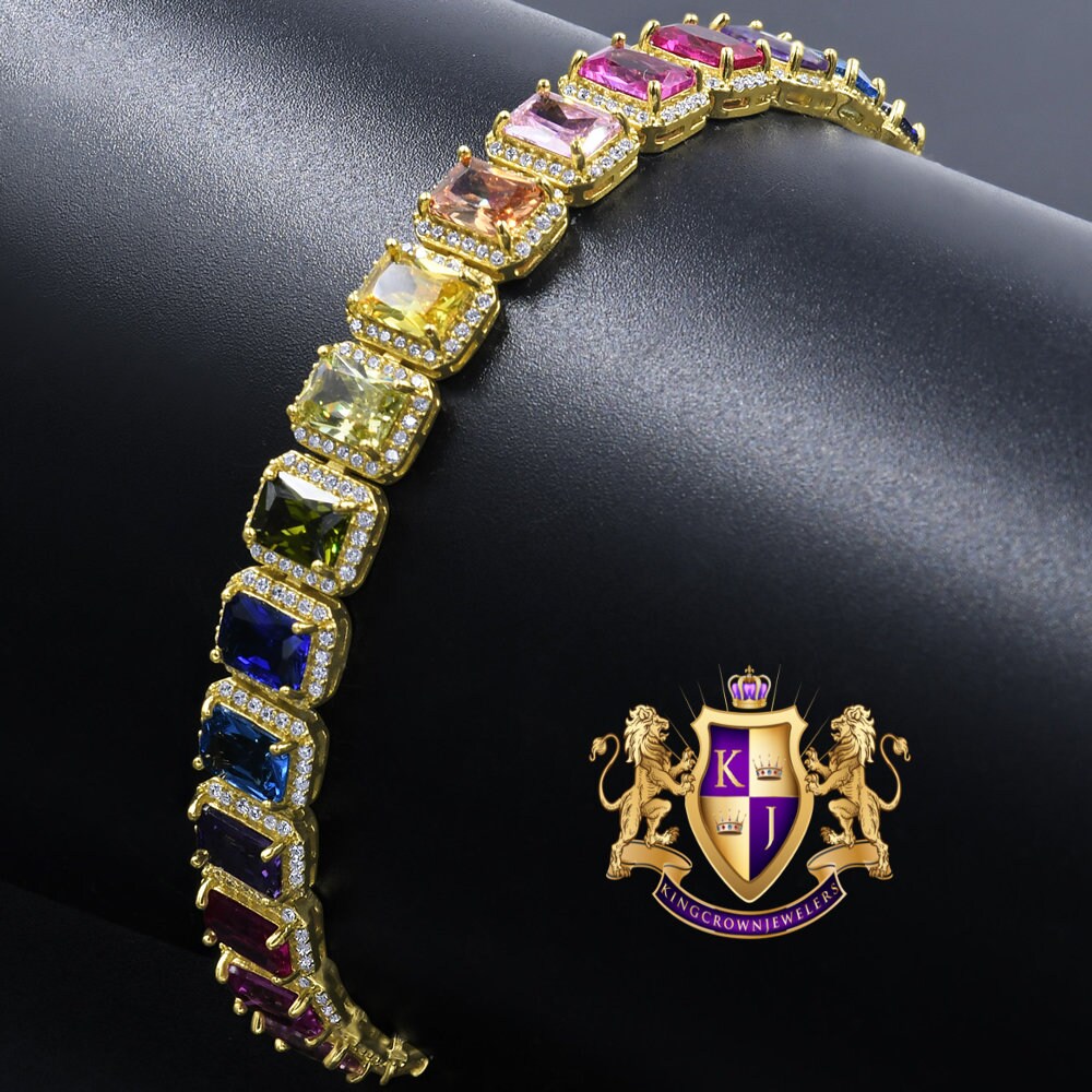 25+ Grams Rainbow Multi Tone 14K Yellow Gold Finish 6.00 Cwt. Simulated Diamonds Solitaire Men's Ladies Tennis Link Bracelet 10mm / 8.5 Inch