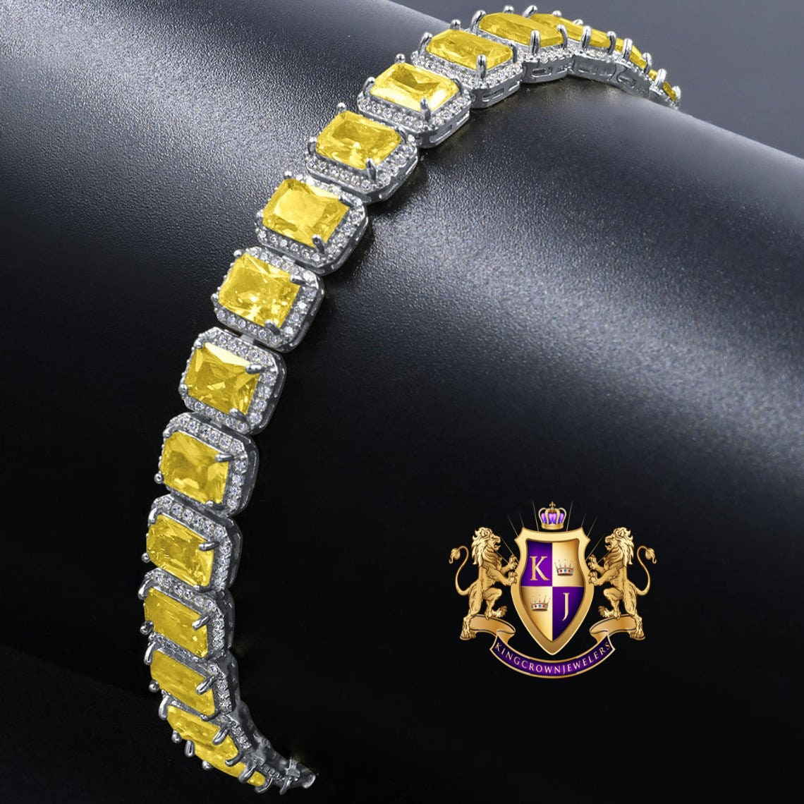14K White Gold Finish Canary Citrine Simulated Diamonds Solitaire Mens Ladies Bracelet 10mm / 8.5 Inch