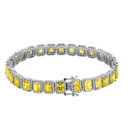 14K White Gold Finish Canary Citrine Simulated Diamonds Solitaire Mens Ladies Bracelet 10mm / 8.5 Inch