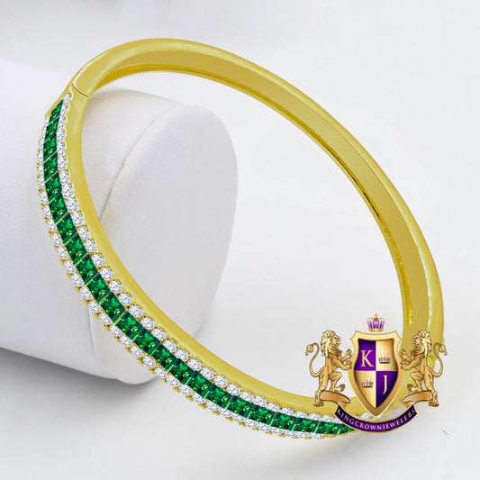 Real Genuine Italian Sterling Silver Emerald Green Princess & Round Cut 6.75 Cwt. Simulated Diamond 14K Yellow Gold Finish Bangle Bracelet