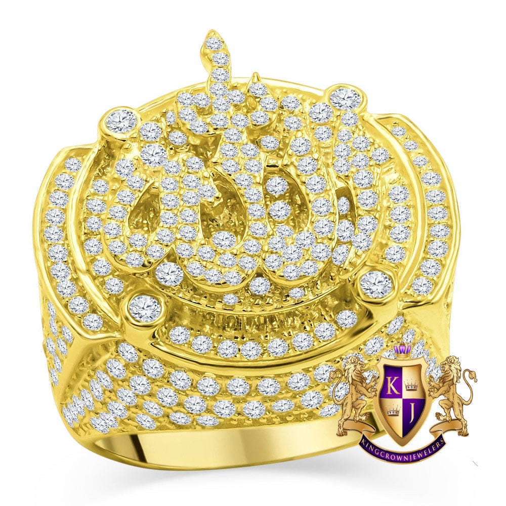 Mens Real Yellow Gold Sterling Silver Simulated Diamond Allah God Muslim Islamic Pinky Ring Band
