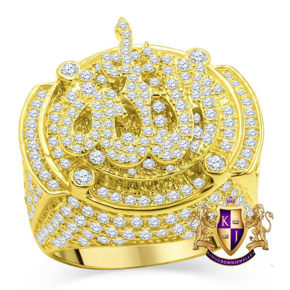 Mens Real Yellow Gold Sterling Silver Simulated Diamond Allah God Muslim Islamic Pinky Ring Band