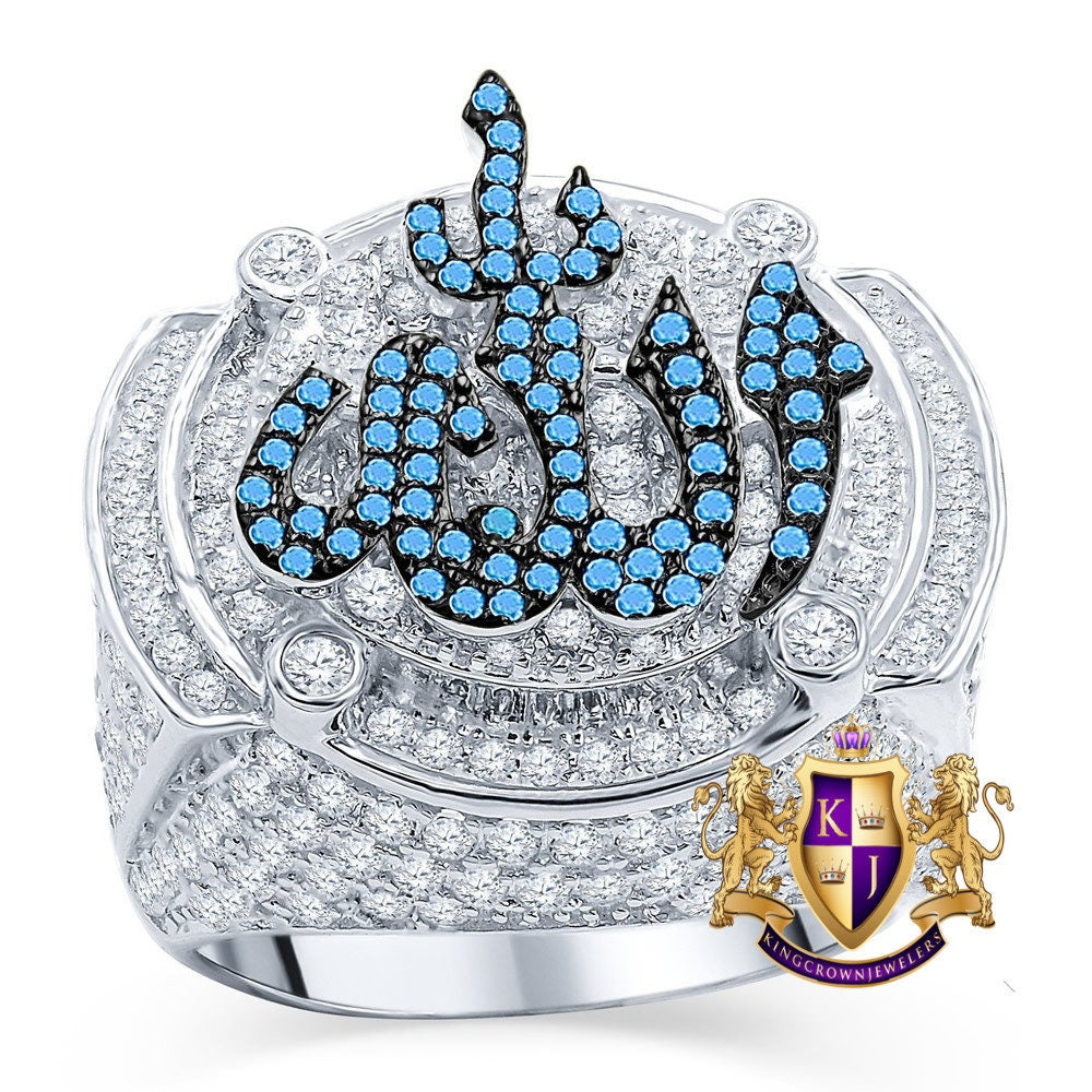 2 Tone Mens Real White Gold Over Pure Sterling Silver Simulated Diamond Allah God Muslim Islamic Pinky Ring Band