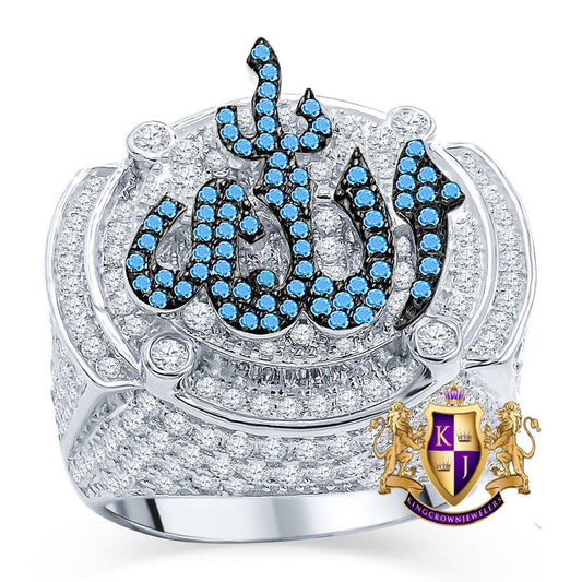 2 Tone Mens Real White Gold Over Pure Sterling Silver Simulated Diamond Allah God Muslim Islamic Pinky Ring Band