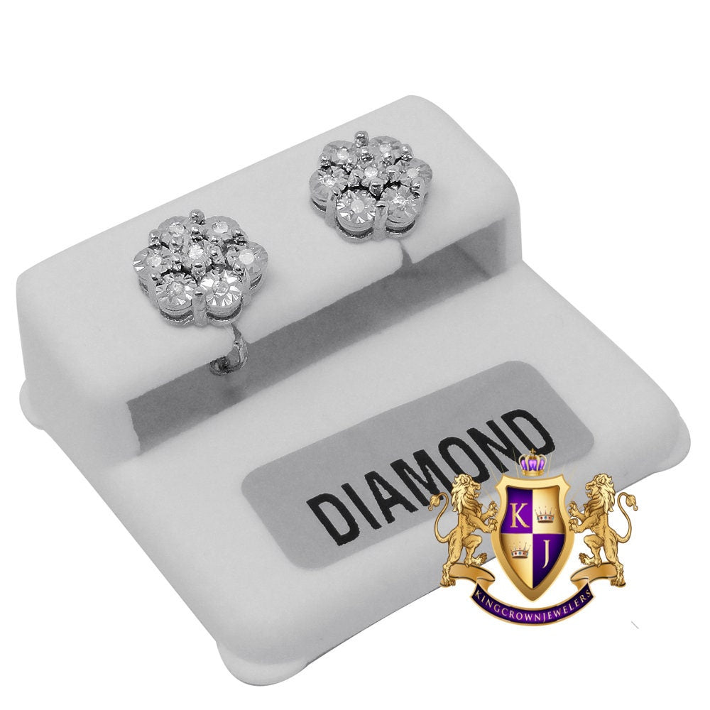 Real Genuine Diamond 0.40Cwt. Flower Round 10mm Earrings Stud 10K White Gold Finish Unisex