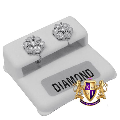 Real Genuine Diamond 0.40Cwt. Flower Round 10mm Earrings Stud 10K White Gold Finish Unisex