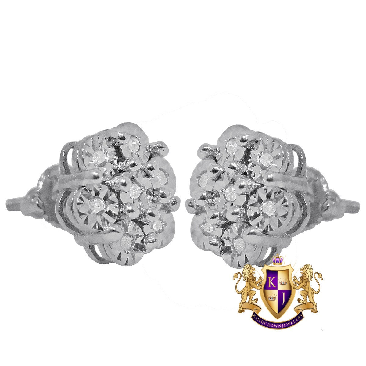 Real Genuine Diamond 0.40Cwt. Flower Round 10mm Earrings Stud 10K White Gold Finish Unisex