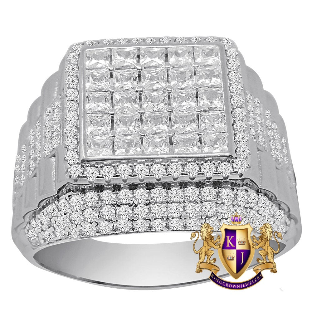 Men's Real Genuine Sterling Silver Simulated Diamond Wedding Engagement Presidential White Gold Finish Ring Band