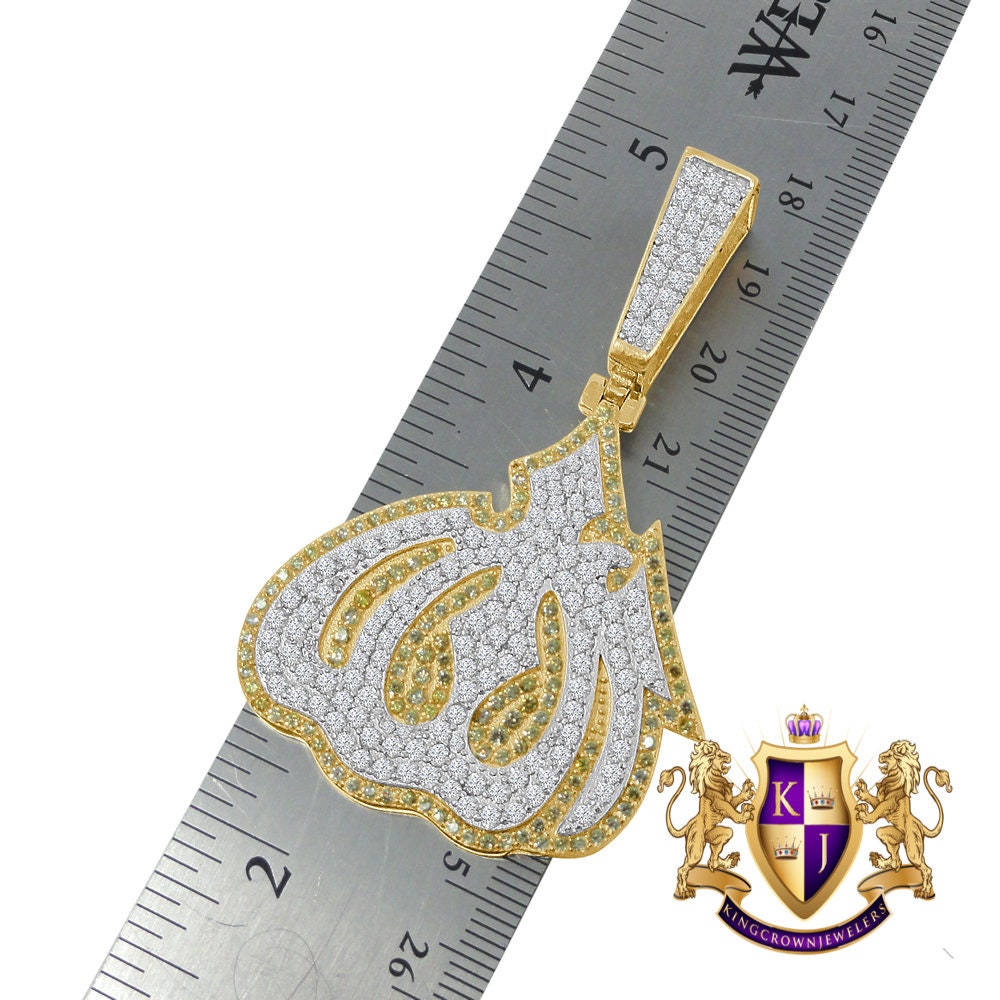 16+ Grams Real Genuine Italian Sterling Silver 14K Gold Over 1.50 Cwt. Simulated Diamond Allah God Muslim Islamic Arabic Pendant Charm 2.5''