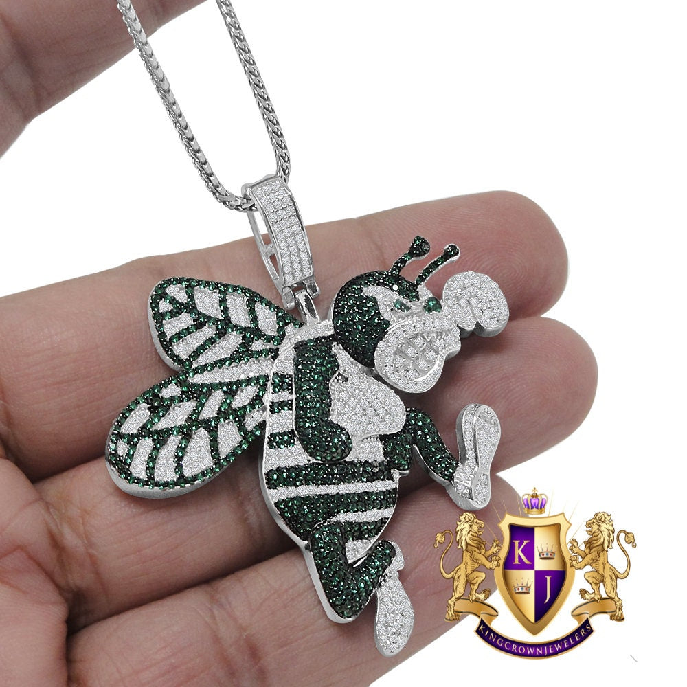 Pure Italian Sterling Silver Simulated Diamond White Gold Finish Honey Bee Charm Pendent Chain Set