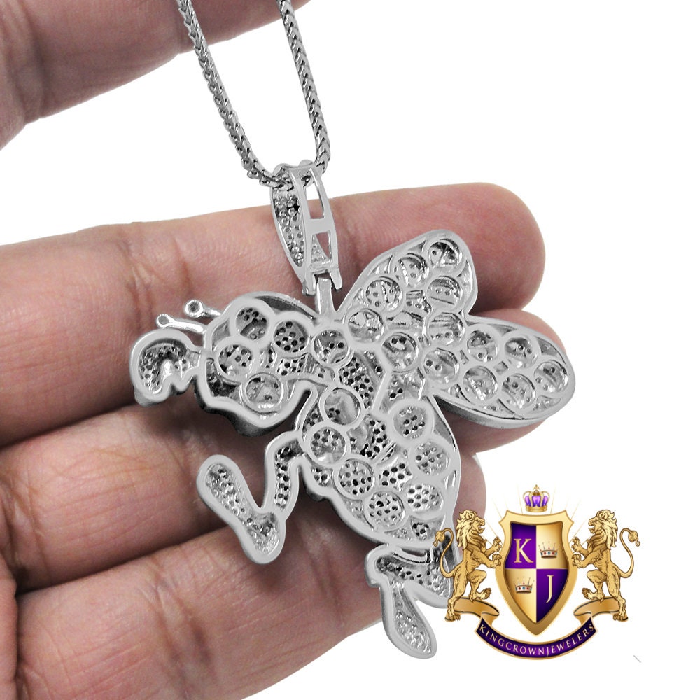 Pure Italian Sterling Silver Simulated Diamond White Gold Finish Honey Bee Charm Pendent Chain Set