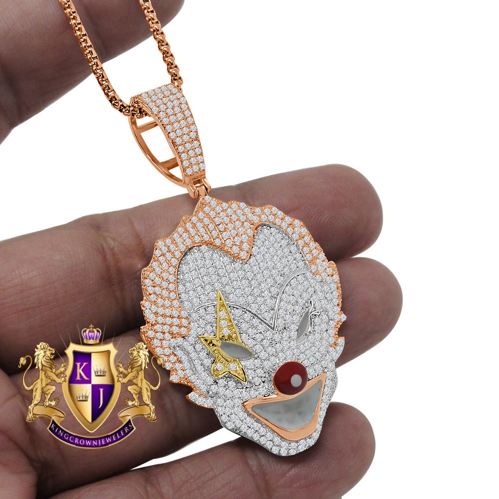 14K Rose Gold Finish Joker Clown Simulated Diamond Pendent Drama Circus Charm Chain Set