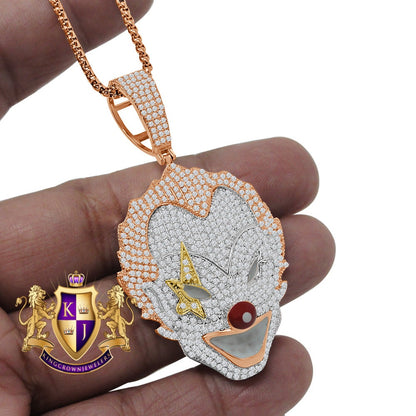 14K Rose Gold Finish Joker Clown Simulated Diamond Pendent Drama Circus Charm Chain Set