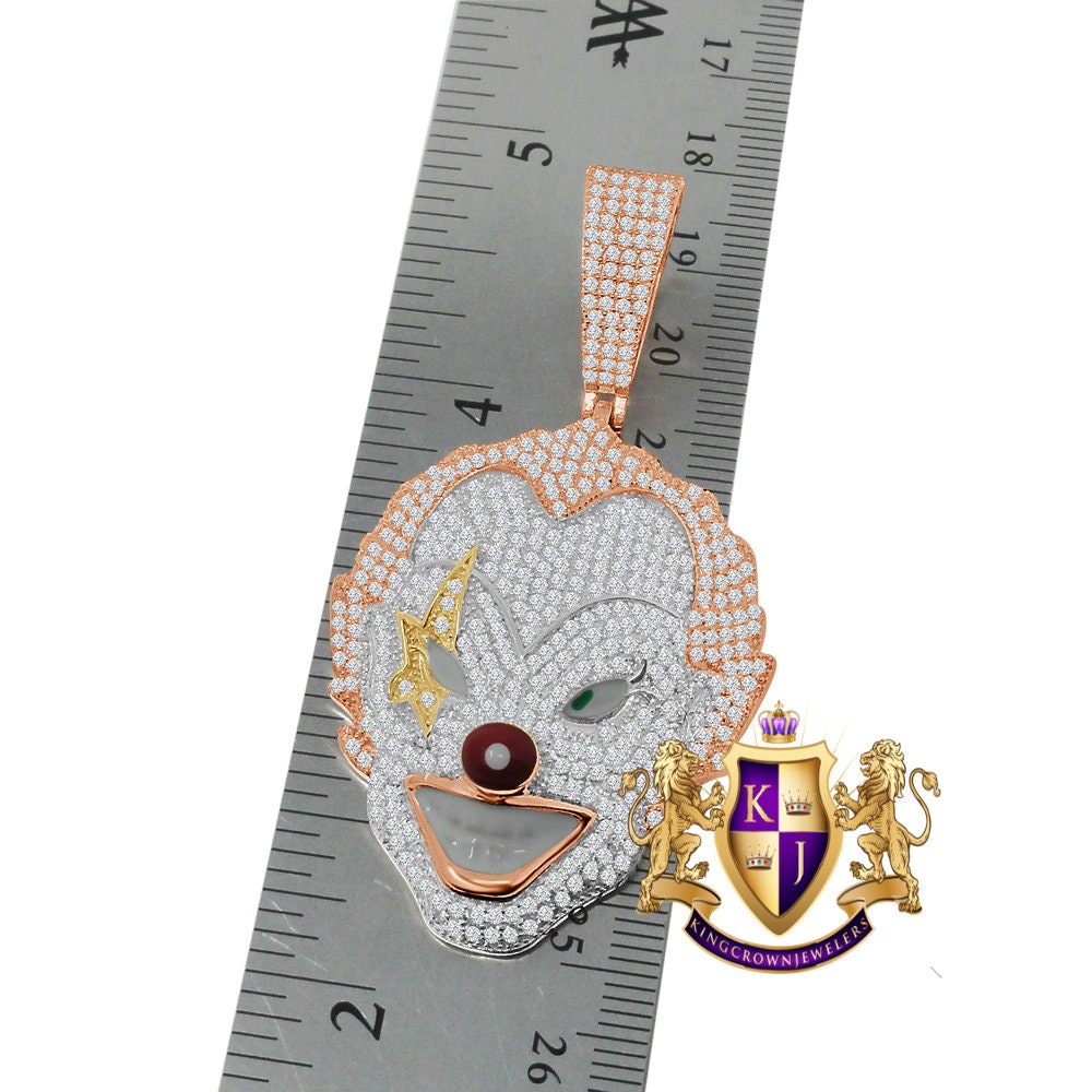 14K Rose Gold Finish Joker Clown Simulated Diamond Pendent Drama Circus Charm Chain Set
