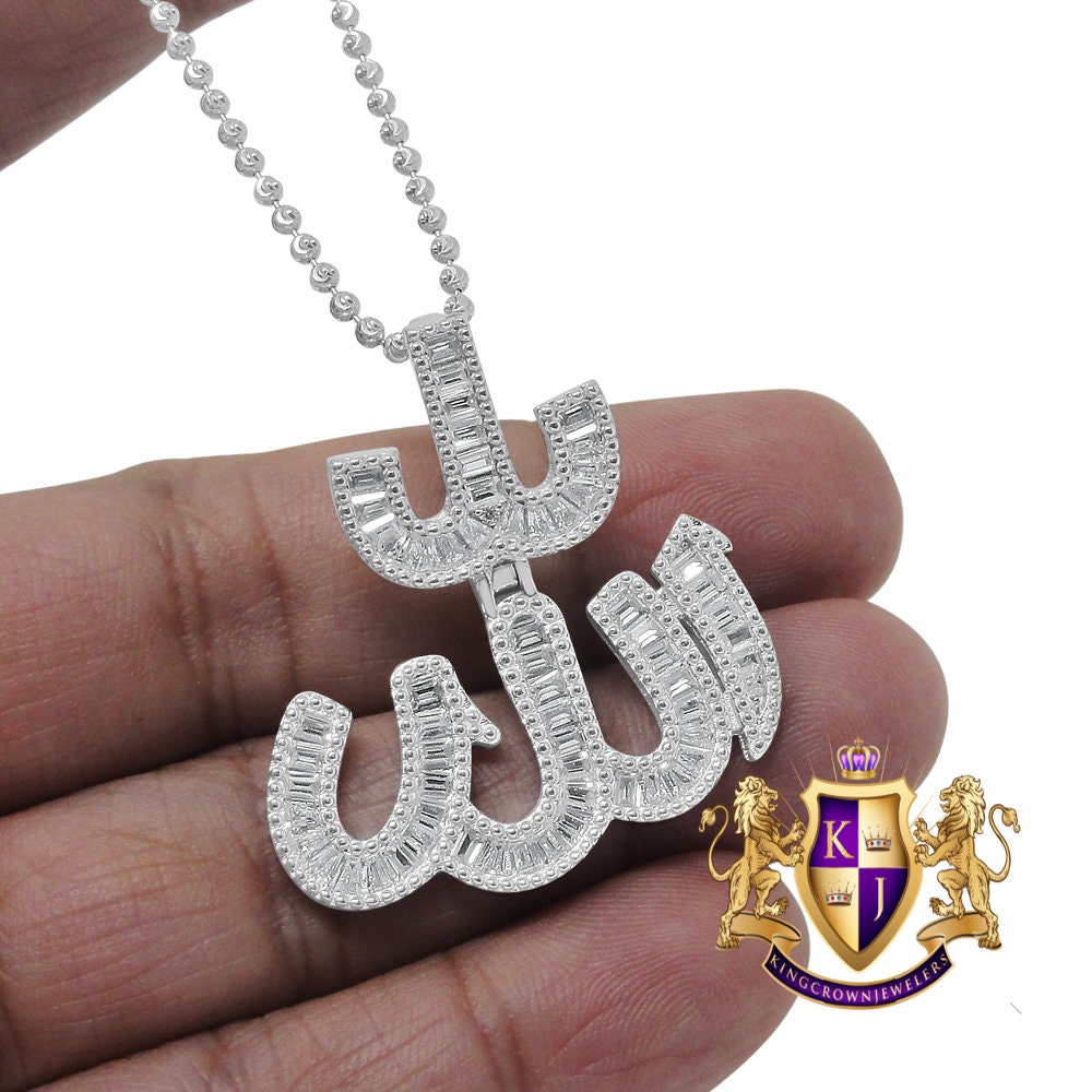 Baguette 14K White Gold Over Genuine Real Authentic Sterling Silver Simulated Diamond Allah God Muslim Unisex Pendant Charm + Chain Neckless