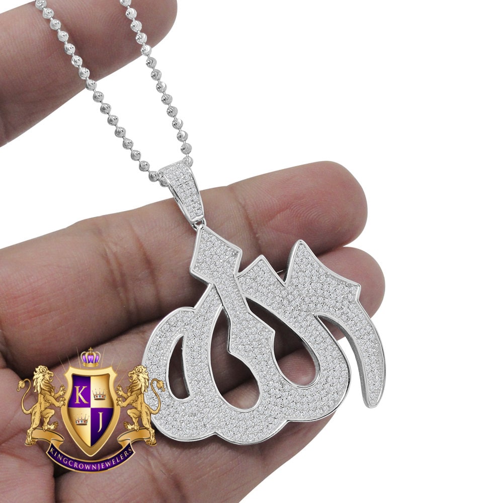 Men's 14K White Gold Over Real Genuine Sterling Silver Lab Diamond Allah Muslim Pendent Charm Chain Set