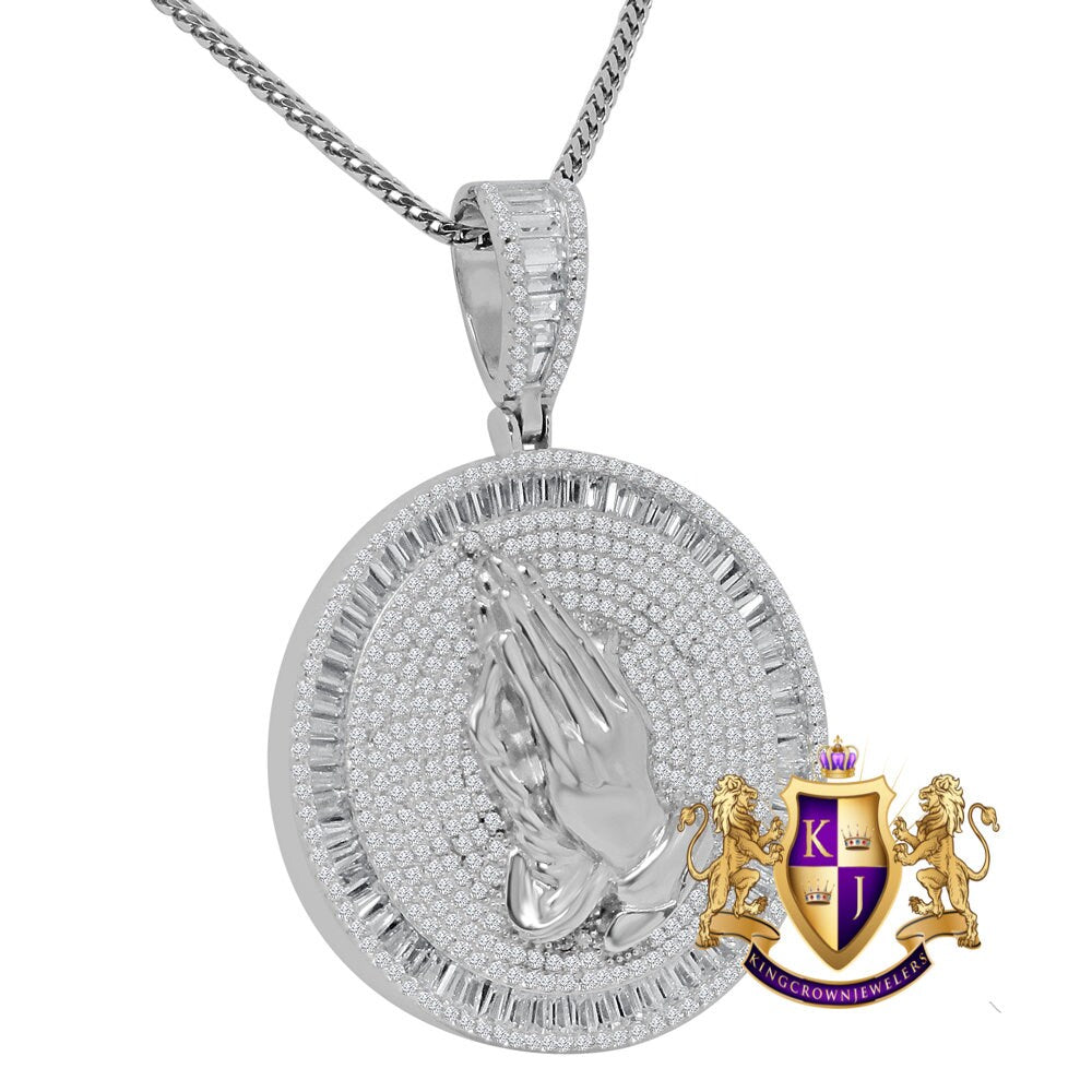 Real Sterling Silver White Gold Tone Simulated Diamond Praying Hands Religious Charm Pendent Chain Set  2''