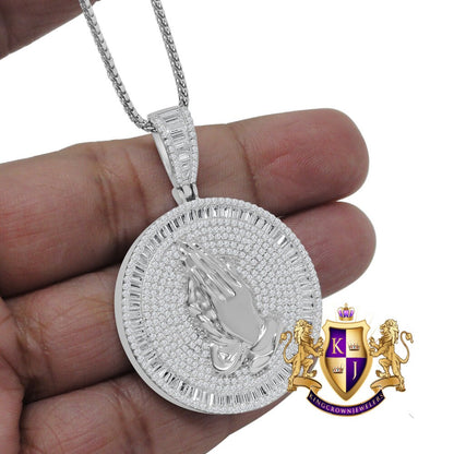 Real Sterling Silver White Gold Tone Simulated Diamond Praying Hands Religious Charm Pendent Chain Set  2''