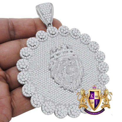 Big 3.75'' Exclusive Custom Piece Real Genuine White Gold On Sterling Silver Simulated Diamond Lion Head Pendent Charm 70 + Grams