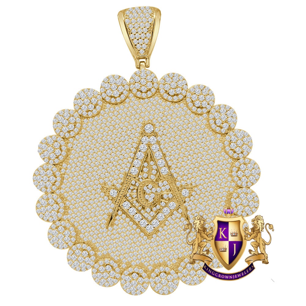 Jumbo 3.75'' Exclusive Custom Piece Real Genuine Sterling Silver 14K Gold Over Simulated Diamond Masonic Freemason Pendent Charm 70 + Grams