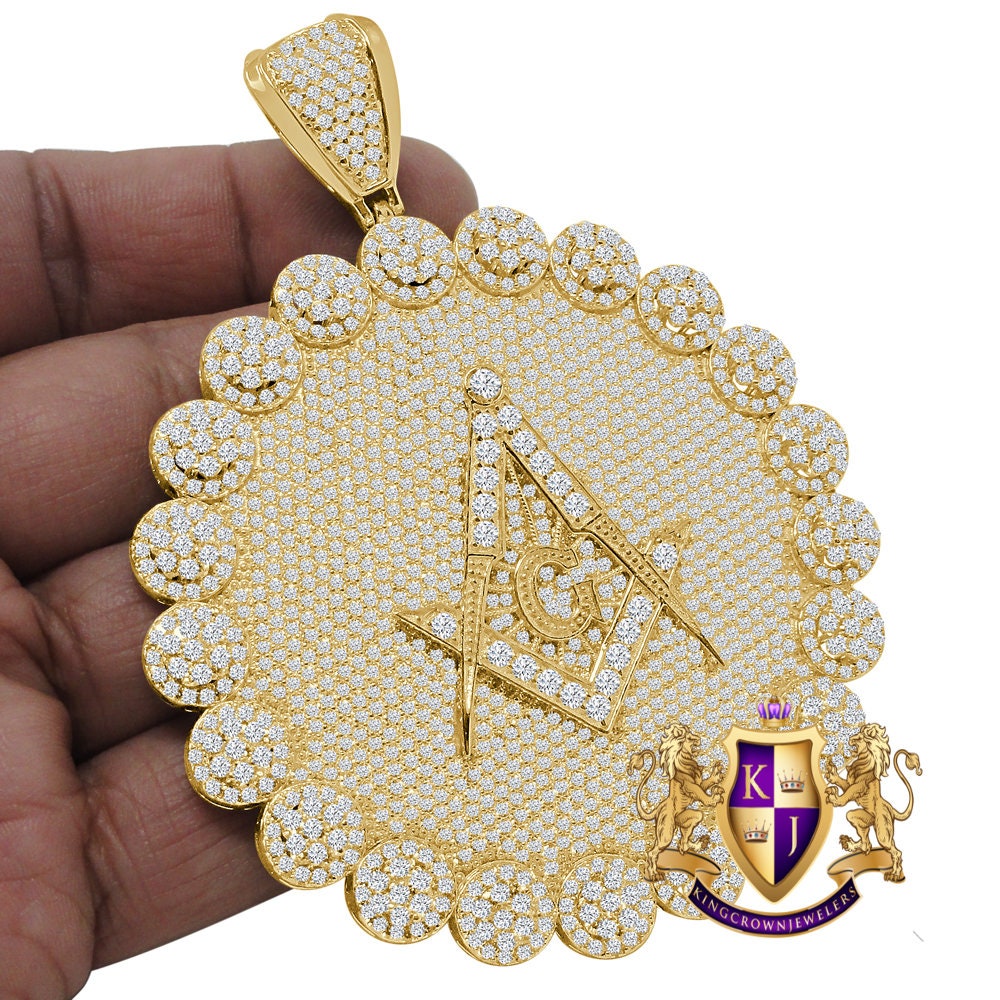Jumbo 3.75'' Exclusive Custom Piece Real Genuine Sterling Silver 14K Gold Over Simulated Diamond Masonic Freemason Pendent Charm 70 + Grams