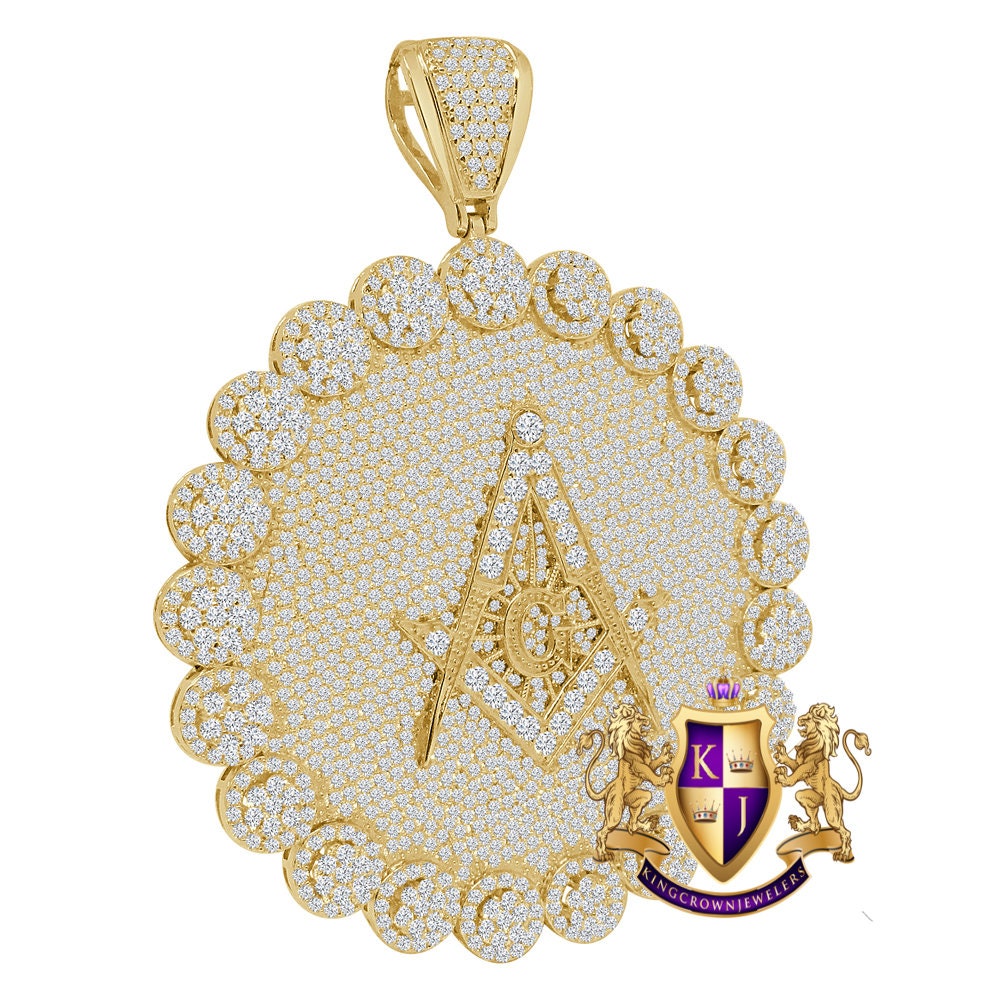 Jumbo 3.75'' Exclusive Custom Piece Real Genuine Sterling Silver 14K Gold Over Simulated Diamond Masonic Freemason Pendent Charm 70 + Grams