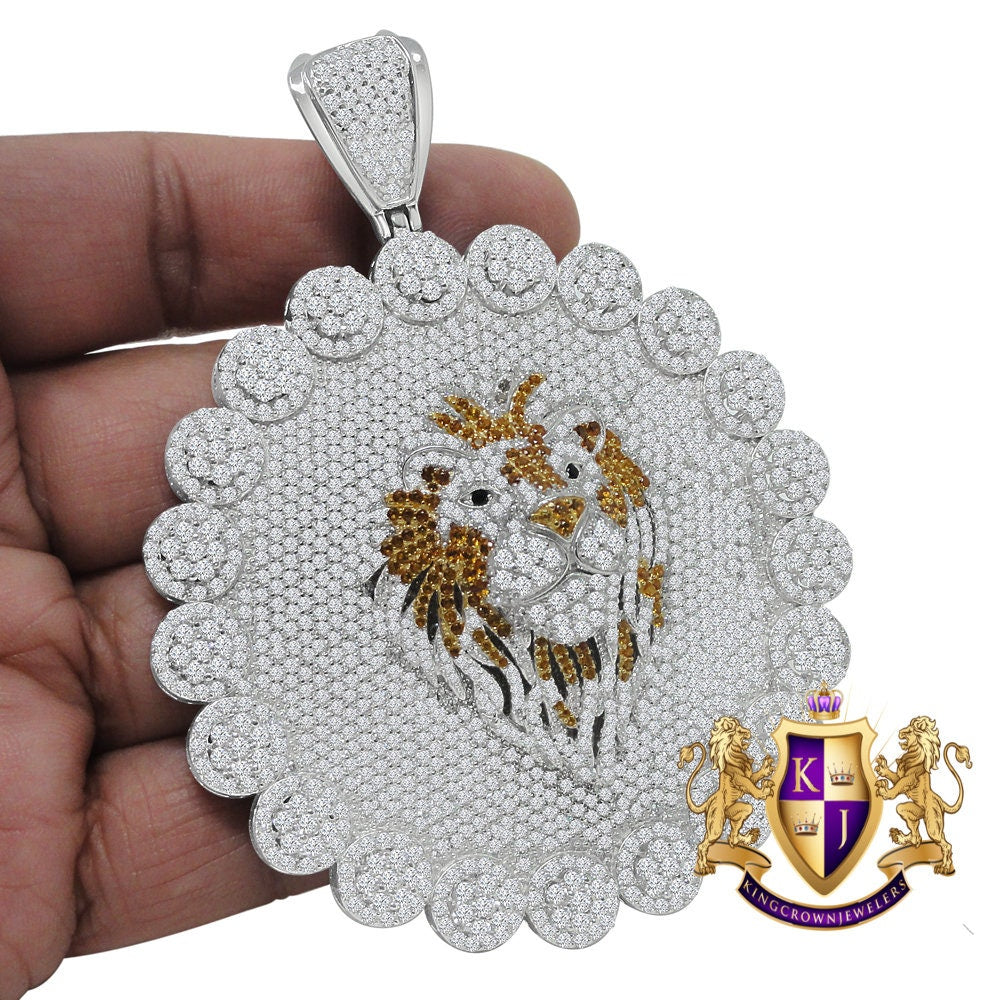 Exclusive Custom Piece Real Genuine 14K White Gold Over Real Sterling Silver Simulated Diamond Lion Head Pendent Charm 70 + Grams Big 3.75''