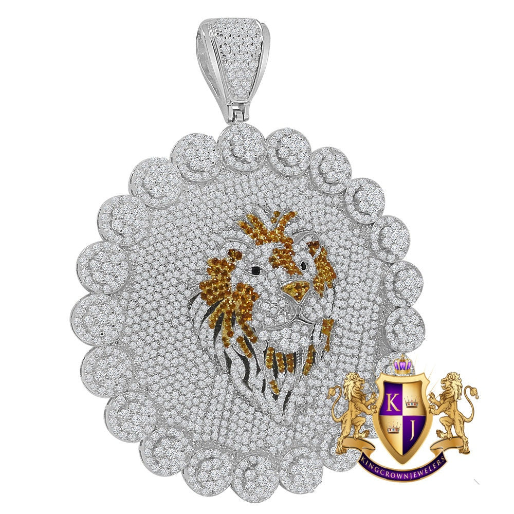 Exclusive Custom Piece Real Genuine 14K White Gold Over Real Sterling Silver Simulated Diamond Lion Head Pendent Charm 70 + Grams Big 3.75''