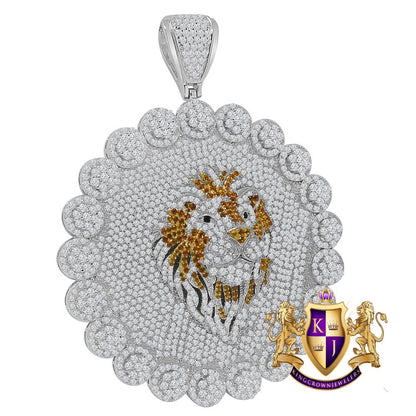 Exclusive Custom Piece Real Genuine 14K White Gold Over Real Sterling Silver Simulated Diamond Lion Head Pendent Charm 70 + Grams Big 3.75''