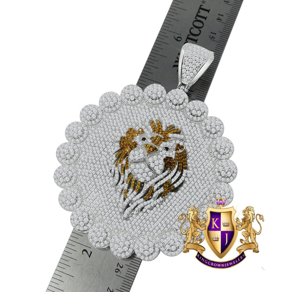 Exclusive Custom Piece Real Genuine 14K White Gold Over Real Sterling Silver Simulated Diamond Lion Head Pendent Charm 70 + Grams Big 3.75''