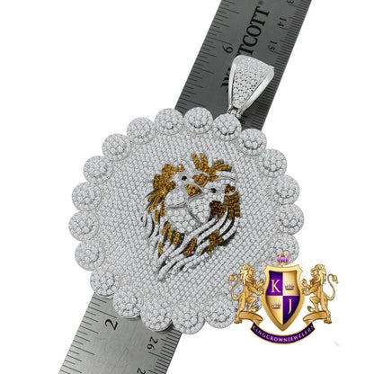 Exclusive Custom Piece Real Genuine 14K White Gold Over Real Sterling Silver Simulated Diamond Lion Head Pendent Charm 70 + Grams Big 3.75''
