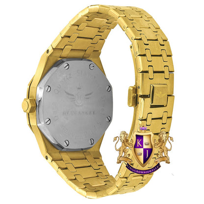 Men's Solid Stainless Steel 18K Gold Finish Simulated Diamond Automatic Watch 44mm W/Date