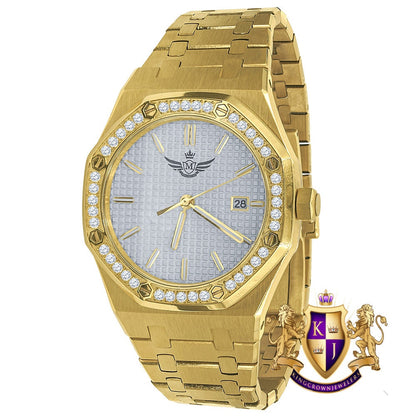 Men's Solid Stainless Steel 18K Gold Finish Simulated Diamond Automatic Watch 44mm W/Date