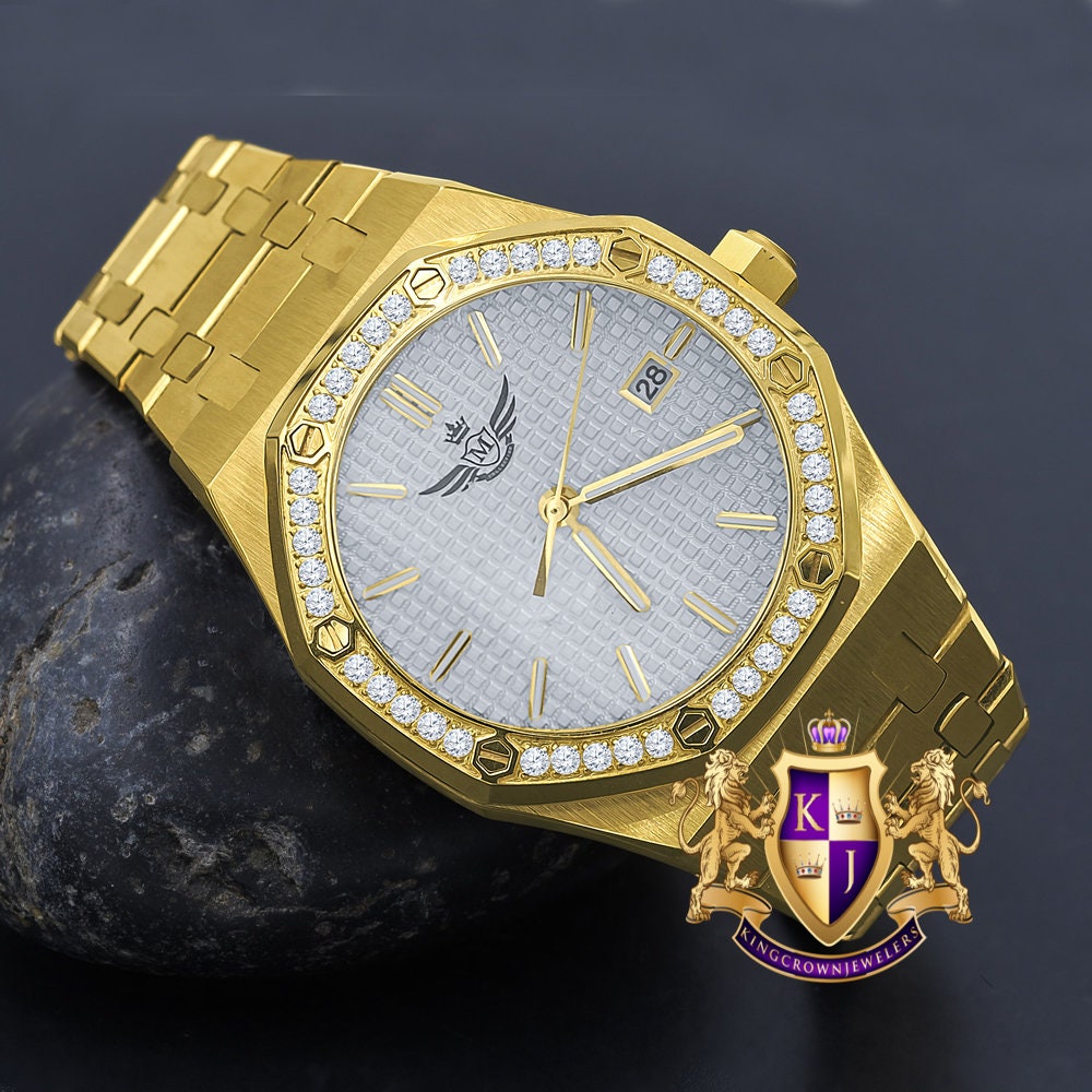 Men's Solid Stainless Steel 18K Gold Finish Simulated Diamond Automatic Watch 44mm W/Date