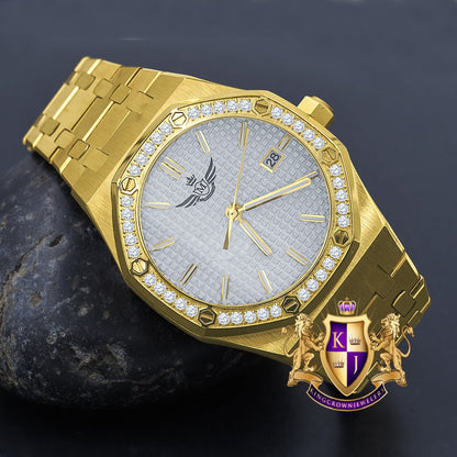 Men's Solid Stainless Steel 18K Gold Finish Simulated Diamond Automatic Watch 44mm W/Date