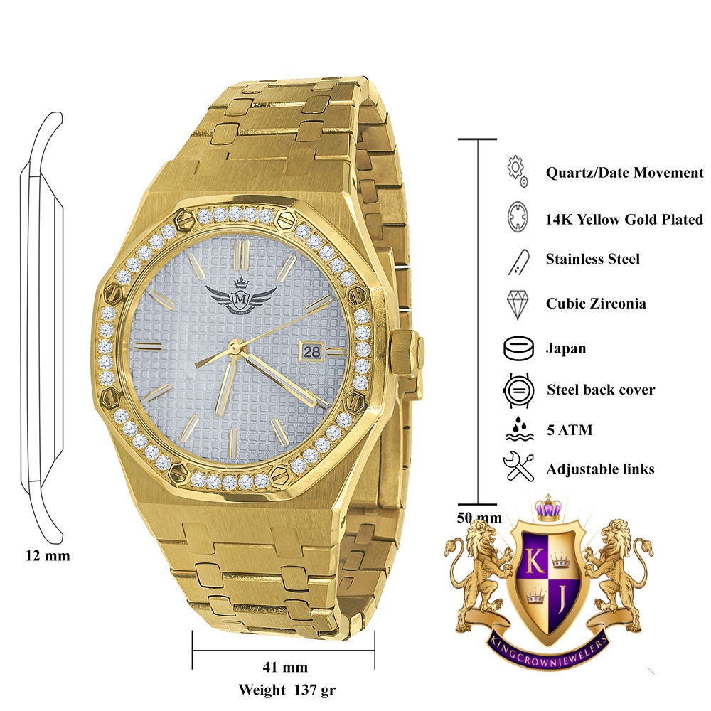 Men's Solid Stainless Steel 18K Gold Finish Simulated Diamond Automatic Watch 44mm W/Date