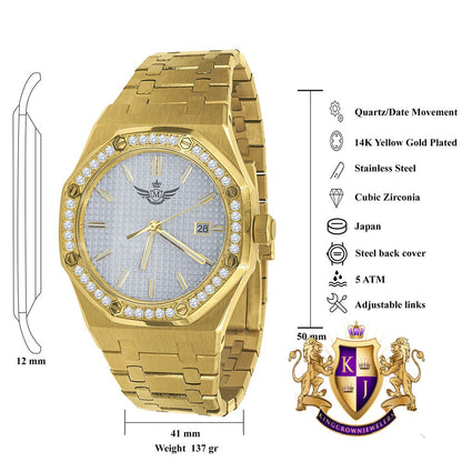 Men's Solid Stainless Steel 18K Gold Finish Simulated Diamond Automatic Watch 44mm W/Date