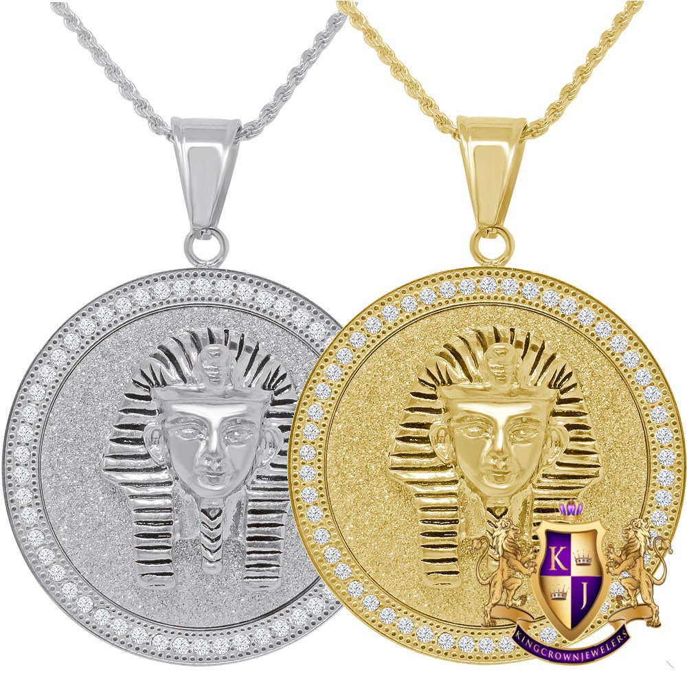 Solid Stainless Steel 18K Gold Finish Egyptian King Tut Pharaoh Pendent Religious Charm Medallion Chain Set