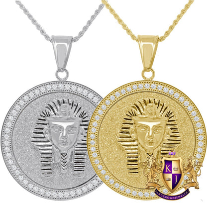 Solid Stainless Steel 18K Gold Finish Egyptian King Tut Pharaoh Pendent Religious Charm Medallion Chain Set