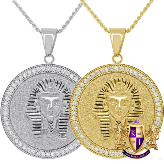 Solid Stainless Steel 18K Gold Finish Egyptian King Tut Pharaoh Pendent Religious Charm Medallion Chain Set