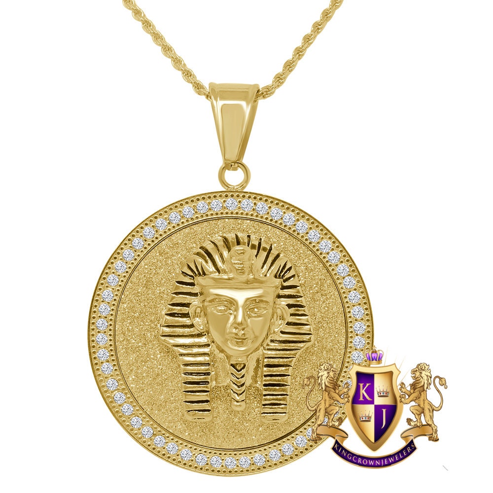 Solid Stainless Steel 18K Gold Finish Egyptian King Tut Pharaoh Pendent Religious Charm Medallion Chain Set