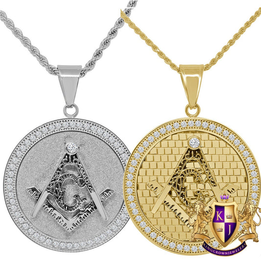 Solid Stainless Steel 18K Gold Finish Masonic Freemason G compass Pendent Religious Charm Medallion Chain Set