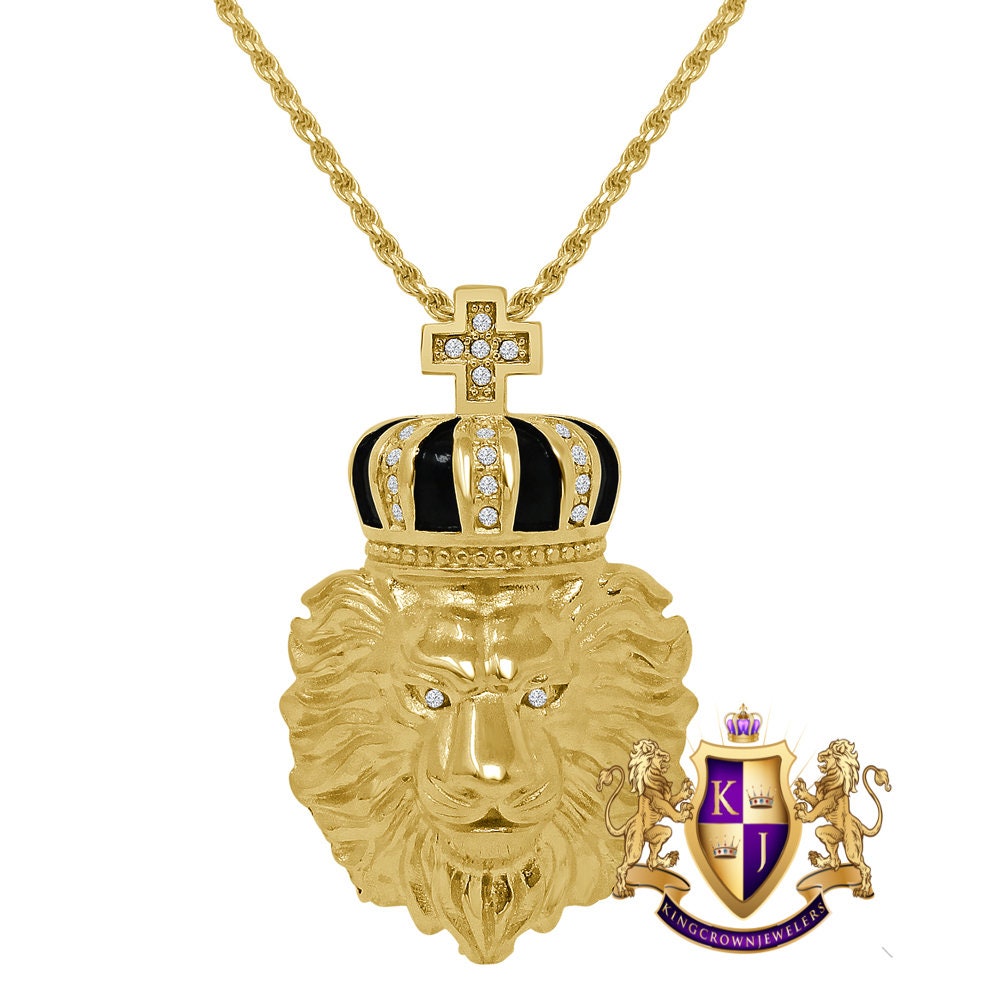 Solid Stainless Steel 18K Gold Finish Lion Head Crown Face Pendent Cross Charm Chain Set