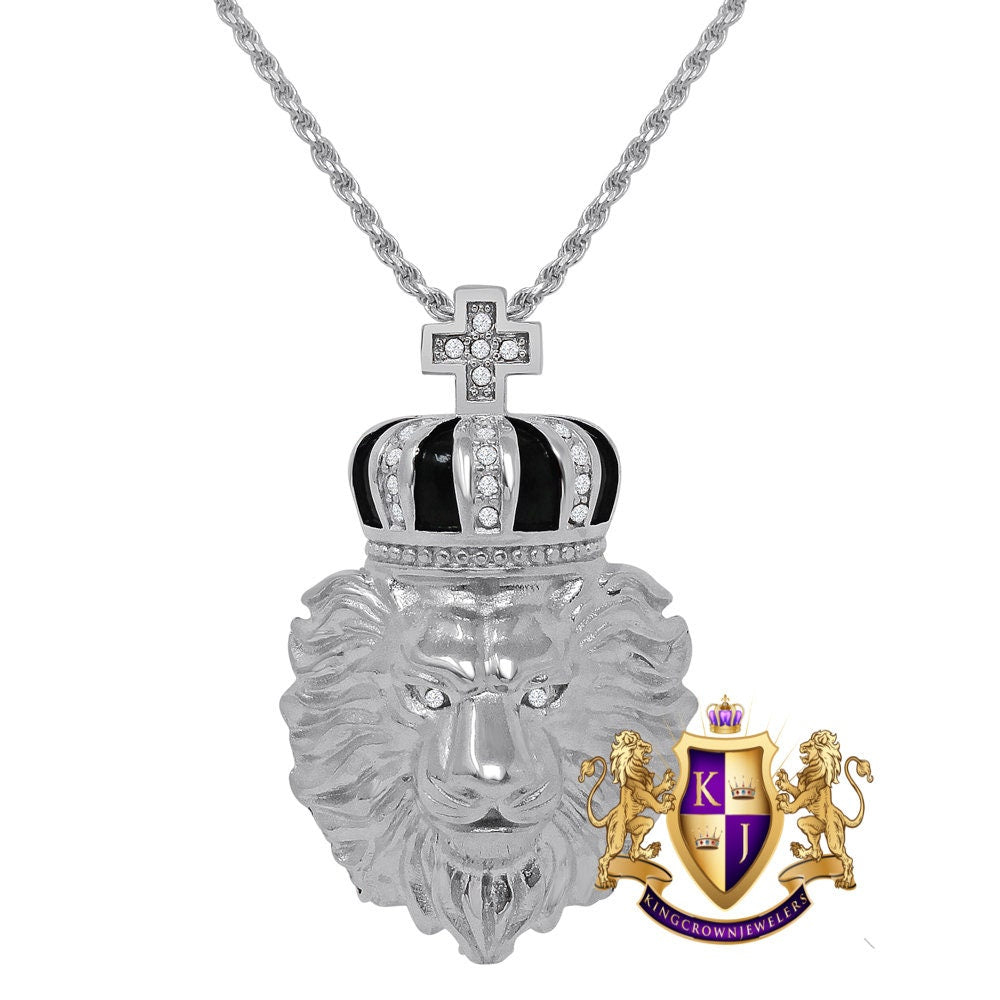 Solid Stainless Steel 18K Gold Finish Lion Head Crown Face Pendent Cross Charm Chain Set