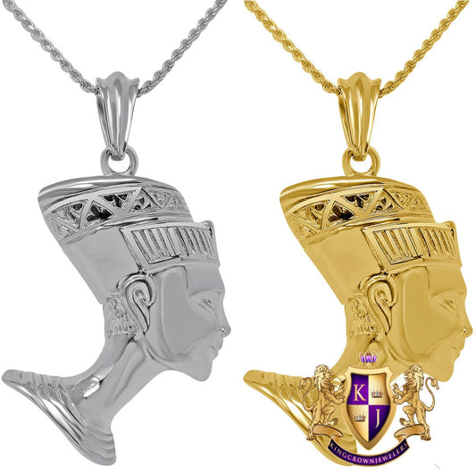 Solid Stainless Steel 18K Gold Finish Egyptian Queen Nefertiti Pharaoh Pendent Cross Charm Chain Set