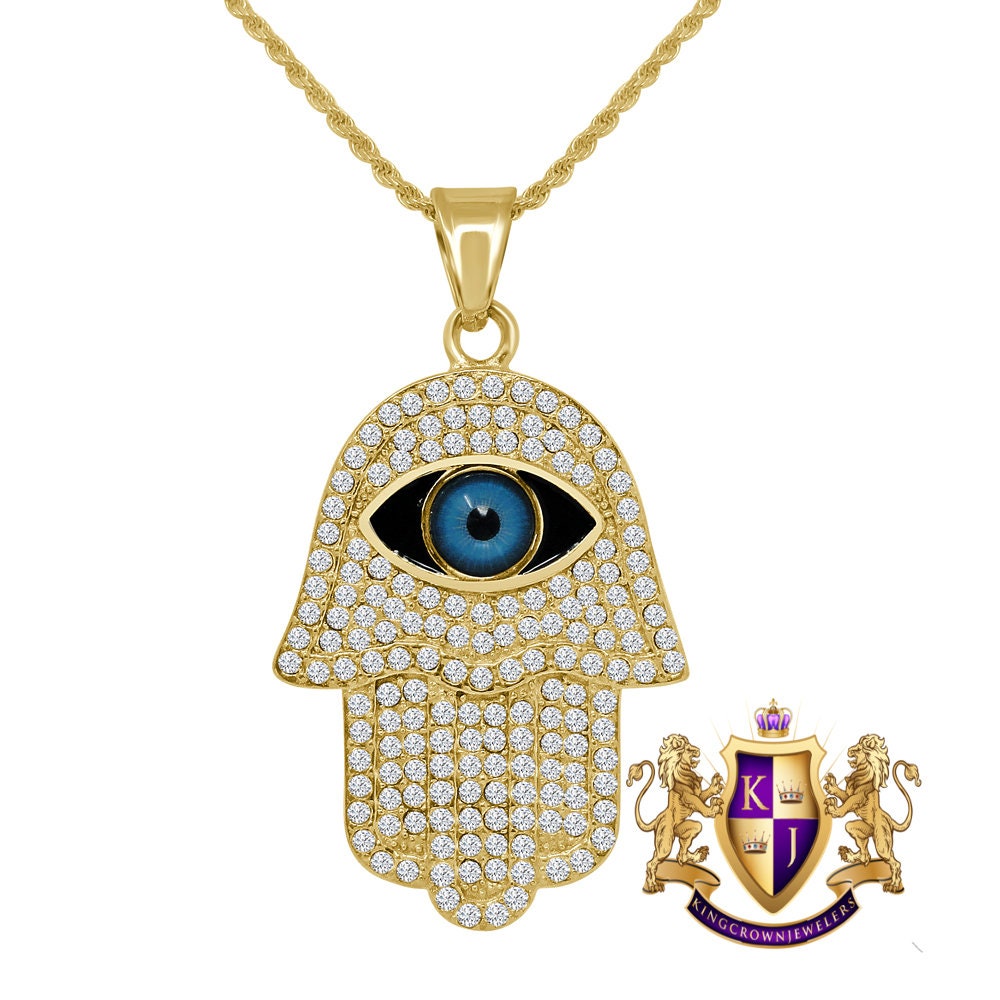 Men's Solid Stainless Steel 18K Gold Finish Hamsa Hand Evil Eye Pendent Charm Chain Set 2.30''