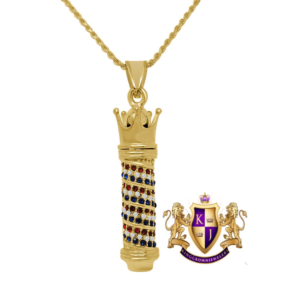 Men's Solid Stainless Steel 18K Gold Finish Barber Shop Pole Crown Pendent Charm Chain Set 2.50''