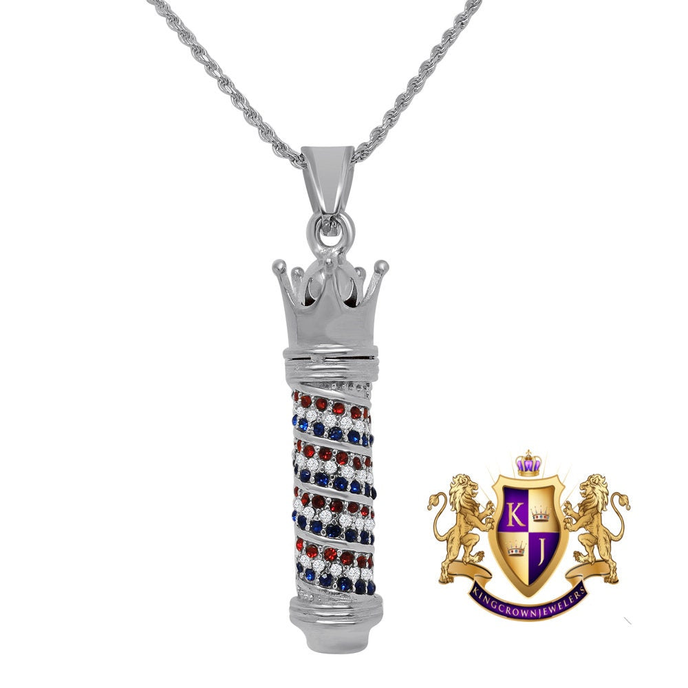 Men's Solid Stainless Steel 18K Gold Finish Barber Shop Pole Crown Pendent Charm Chain Set 2.50''