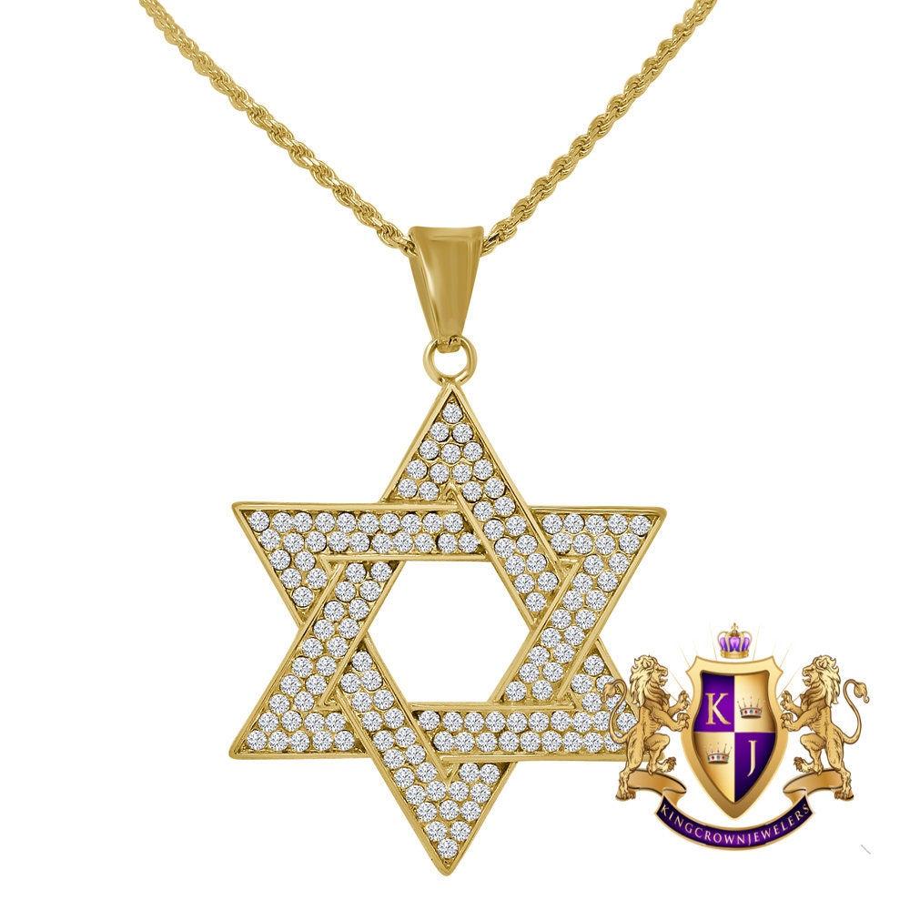 Men's Solid Stainless Steel 18K Gold Finish Star Of David Jewish Pendent Charm Chain Set 2.35''