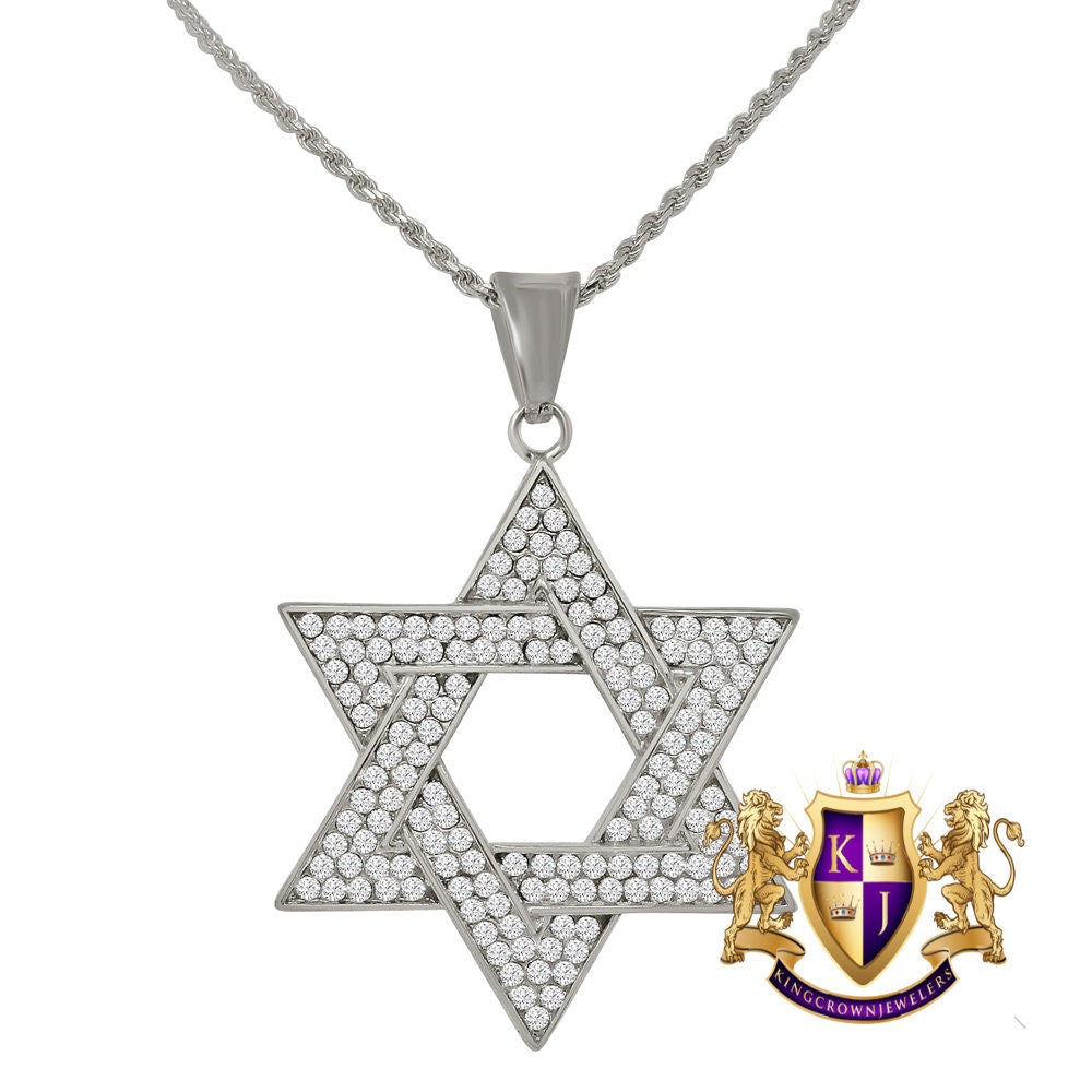 Men's Solid Stainless Steel 18K Gold Finish Star Of David Jewish Pendent Charm Chain Set 2.35''